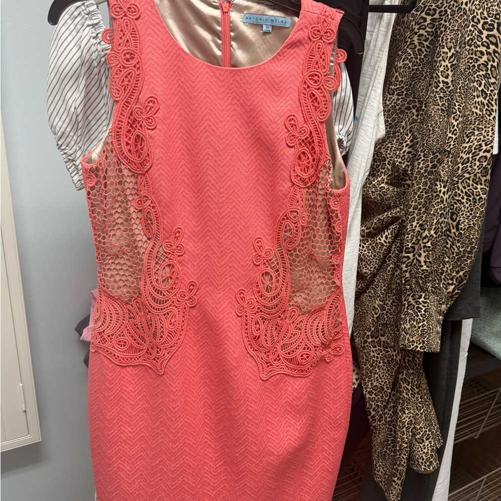 ANTONIO MELANI Vibrant Coral Lace Mini Dress